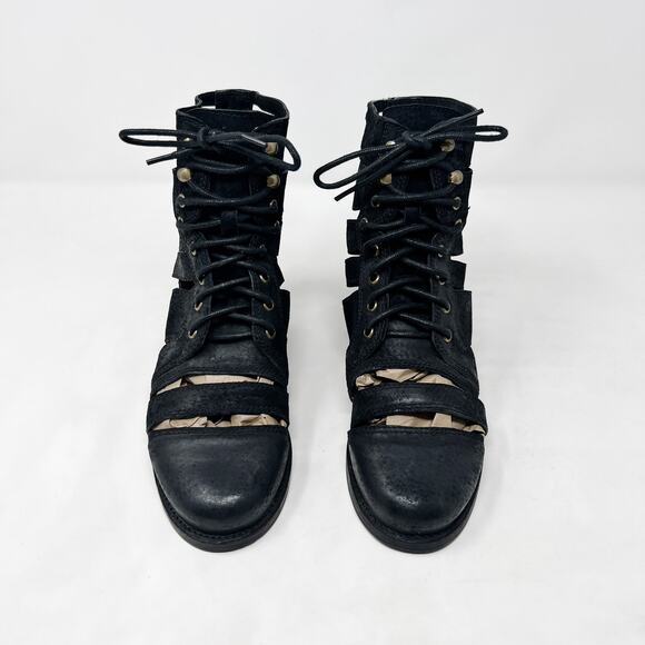 [Jeffrey Campbell] Black Slashed Nubuck Leather Lace Up Combat Boots Size 6.5 - Picture 6 of 11